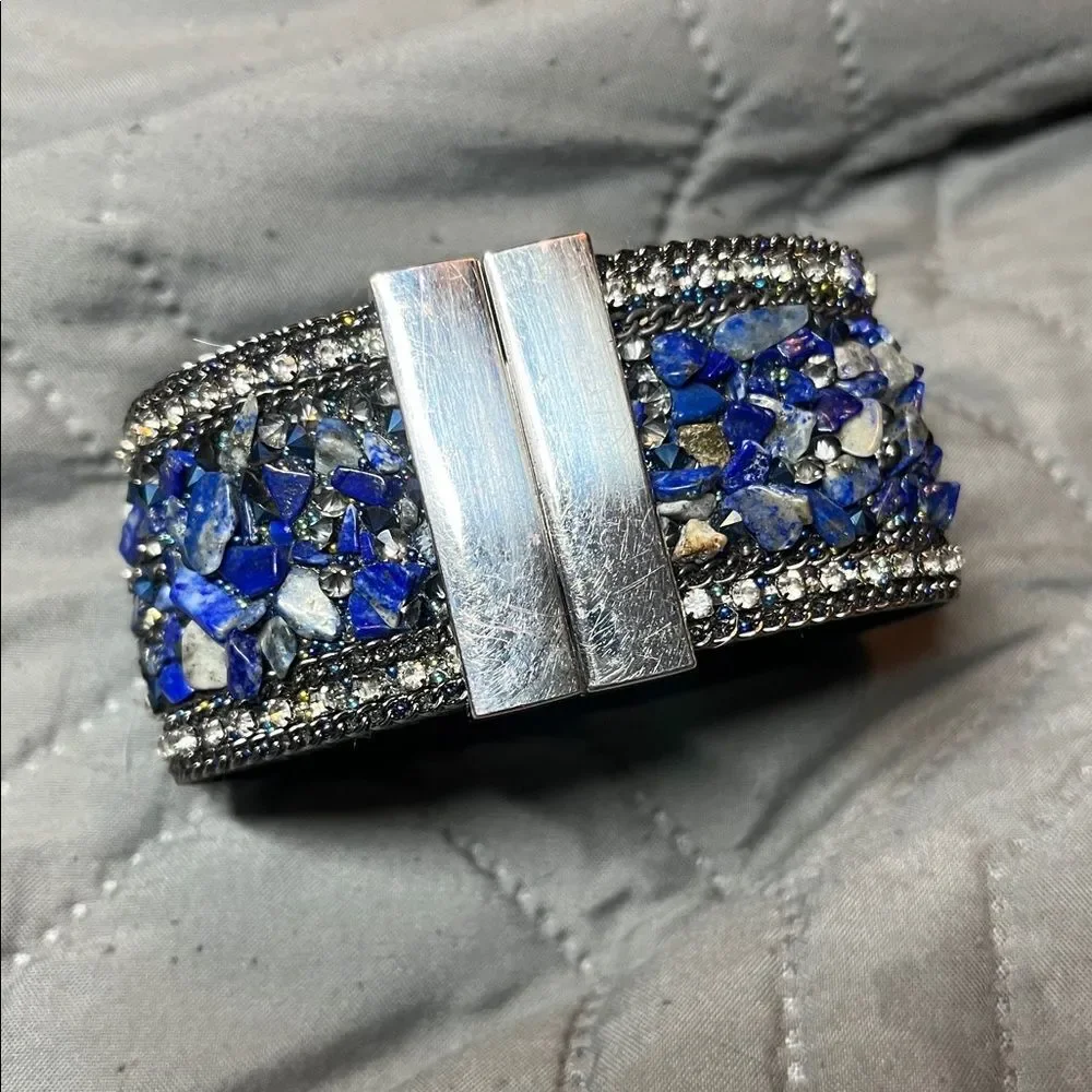 Magnetic Clasp High-Grade Leather Crystal Stones Bracelet lapis lazuli